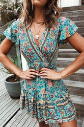Vintage Short Sleeve Wrap Boho Floral Mini Dress